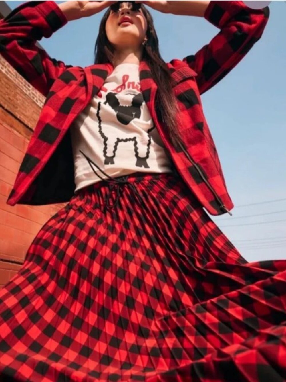Woolrich x Target Red Black Plaid Checkered Pleated Elastic Waist Midi Skirt XL - Picture 3 of 3
